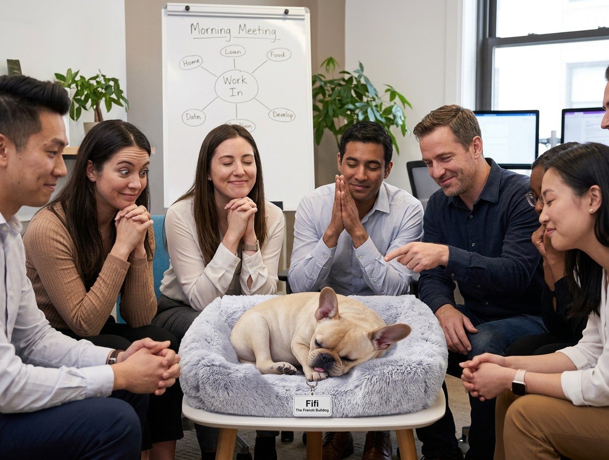 Fifi, our company mascot, at a team meeting